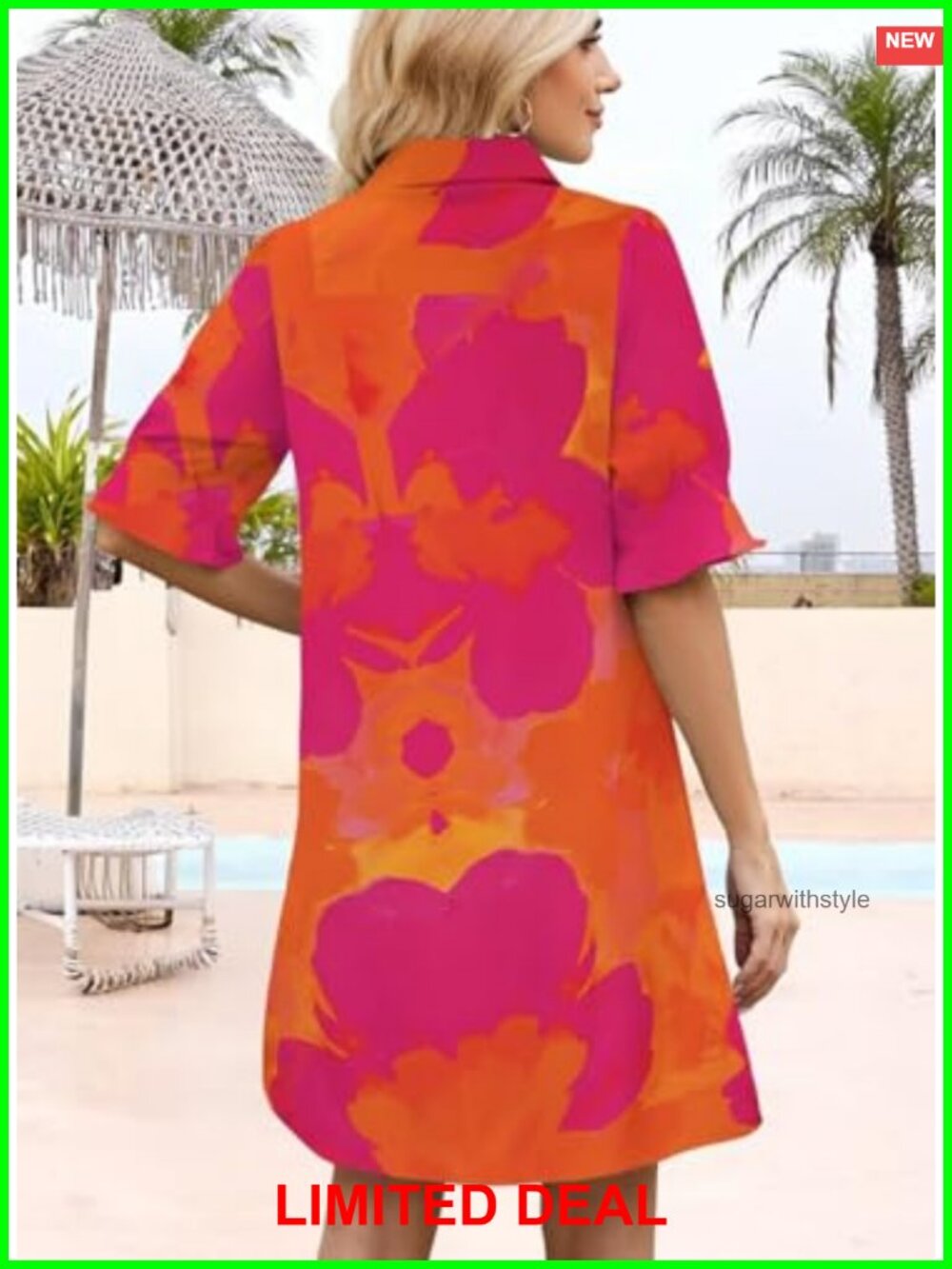 Women's Summer Shirt Mini Shift Dress Ruffle Sleeve Button Down - Picture 5 of 6